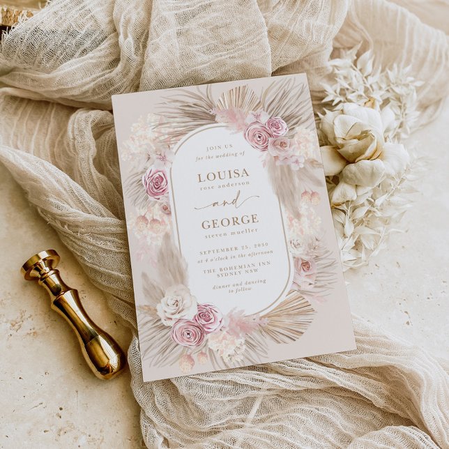 Tropical Boho Pampas Grass Blush Flower Wedding Invitation (Creator Uploaded)