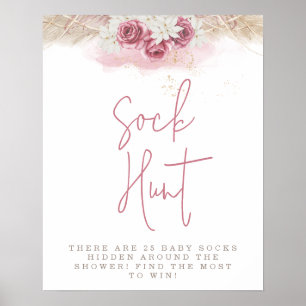 Tropical Boho Pink Roses Baby Shower Sock Hunt Poster