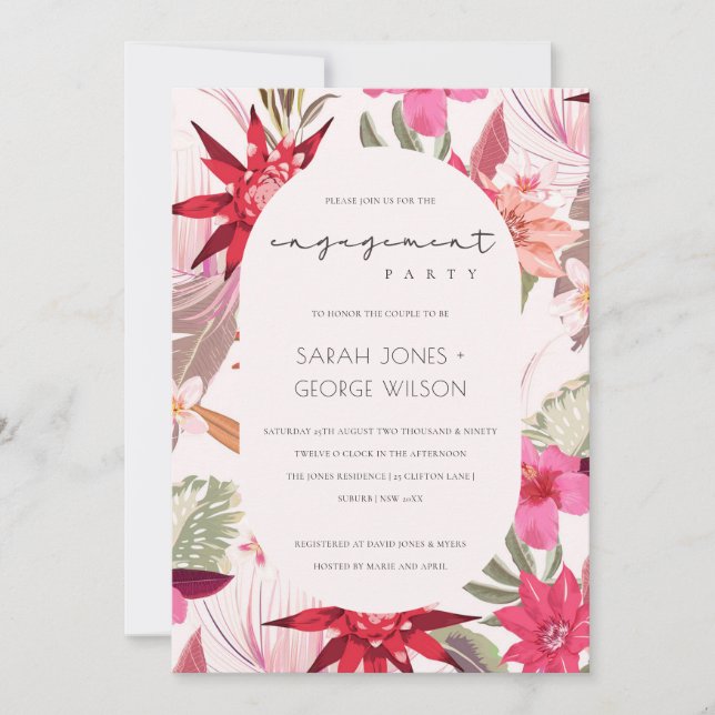 Tropical Boho Red Blush Floral Engagement Invite (Front)