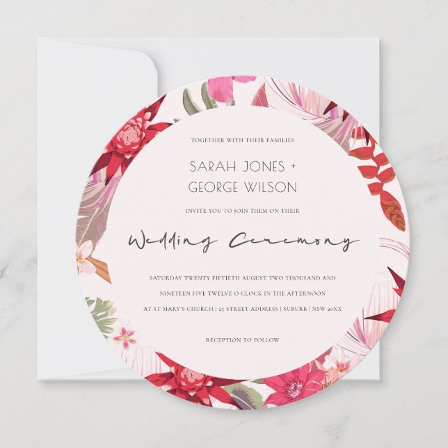 Tropical Boho Red Blush Floral Wedding Invite (Front)