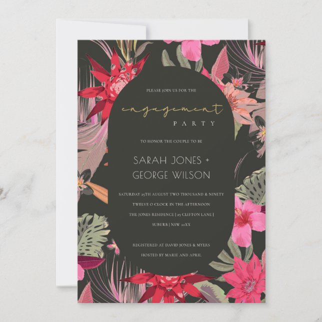 Tropical Boho Red Dark Floral Engagement Invite (Front)