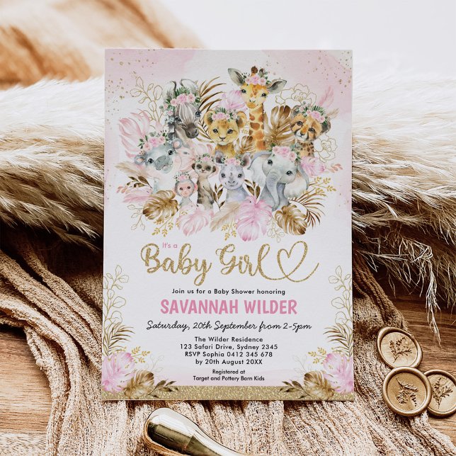 Tropical Boho Safari Baby Girl Blush Gold Shower Invitation (Creator Uploaded)