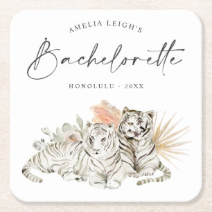 Tropical Boho Tigers Bachelorette Square Paper Coaster