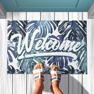 Tropical Boho Welcome Blue Jungle Leaves Doormat