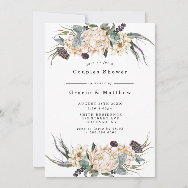 Tropical Boho White Protea Couples Shower Invites (Front)