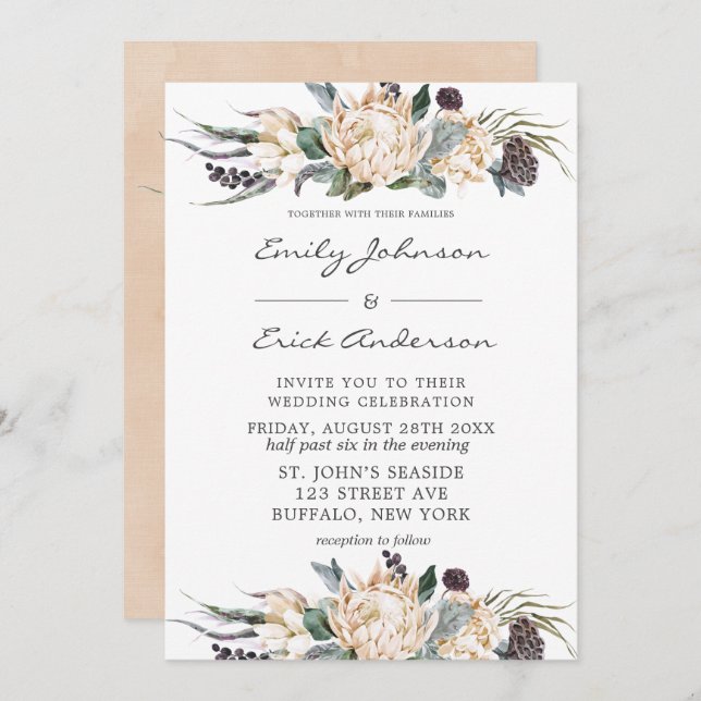 Tropical Boho White Protea Floral Wedding Invitati Invitation (Front/Back)