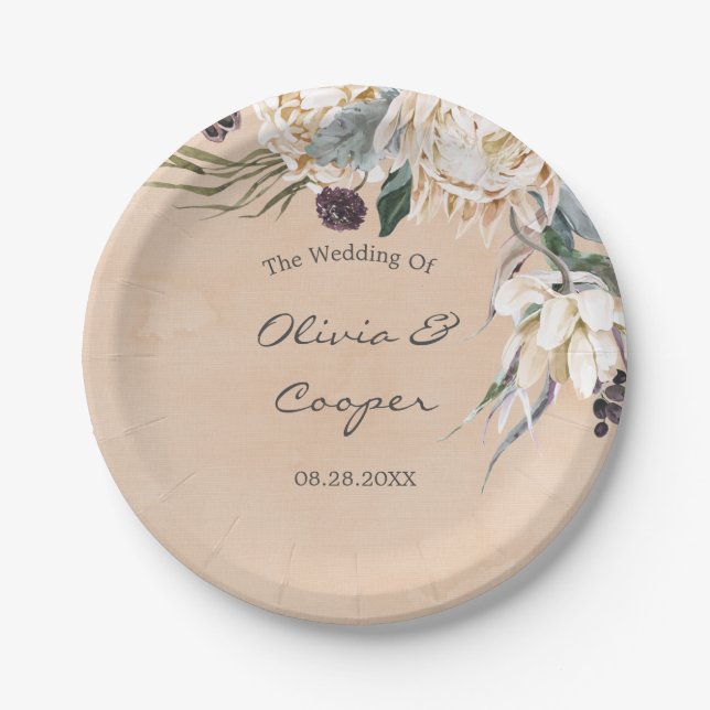 Tropical Boho White Protea Floral Wedding Paper Plate (Front)