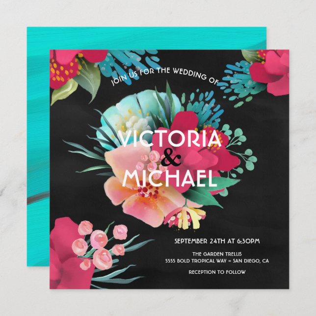 Tropical bold & bright floral wedding invitation (Front/Back)