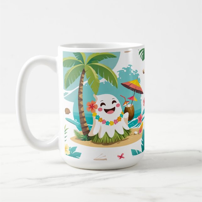 Tropical Boo – Aloha Kawaii Ghost Mug (Left)