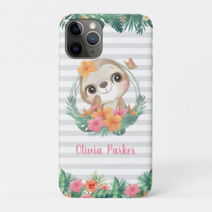 Tropical Borders Hibiscus Flowers Sloth Custom Case-Mate iPhone Case