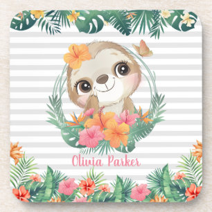 Tropical Borders Hibiscus Flowers Sloth Custom Coaster