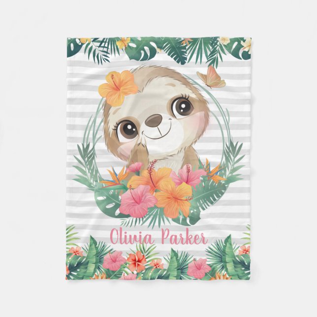 Tropical Borders Hibiscus Flowers Sloth Custom Fleece Blanket (Front)