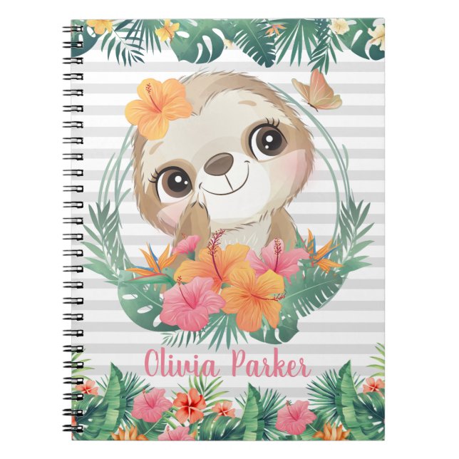 Tropical Borders Hibiscus Flowers Sloth Custom Notebook (Front)
