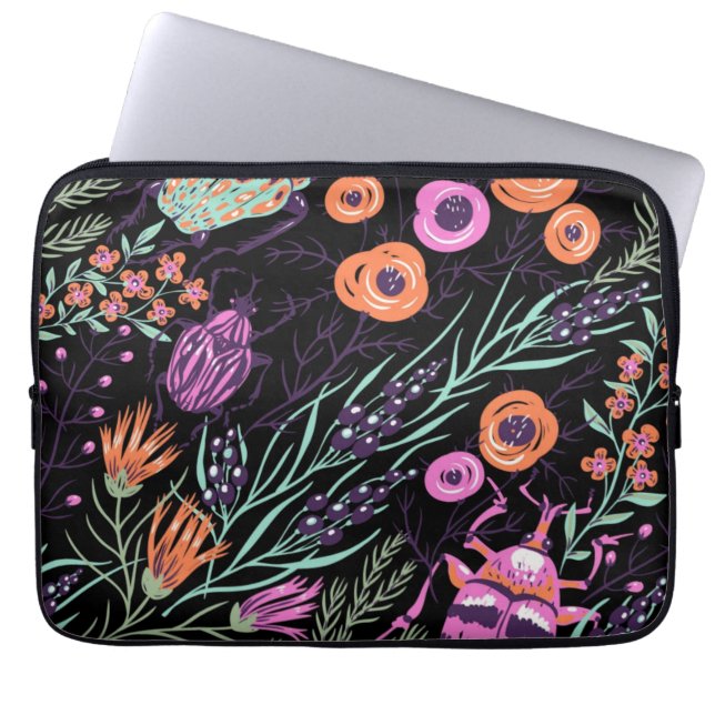 Tropical Botanical and Bugs Colorful Abstract Art Laptop Sleeve (Front)
