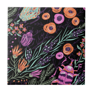 Tropical Botanical and Bugs Colorful Abstract Art Tile