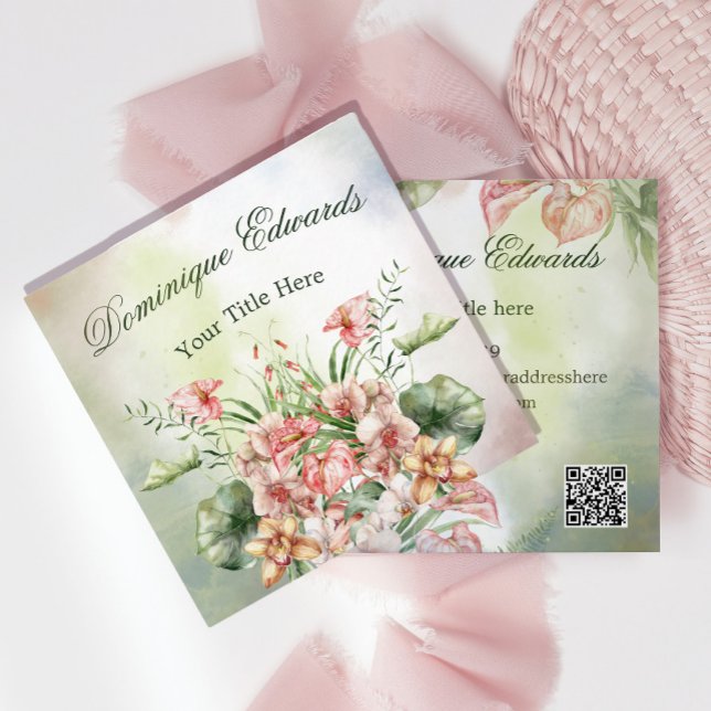 Tropical Botanical Chic Stylish Flowers Square Business Card (Creator Uploaded)