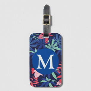 Tropical Botanical Dark Blue Monogram Luggage Tag