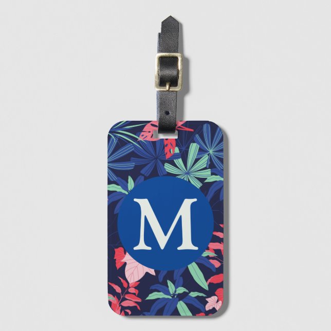 Tropical Botanical Dark Blue Monogram Luggage Tag (Front Vertical)