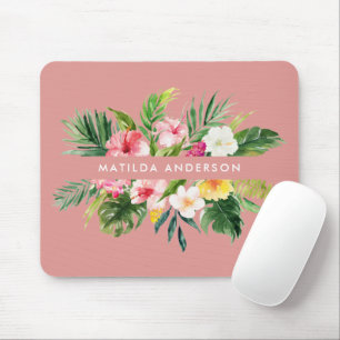 Tropical botanical floral pink modern foliage mouse pad