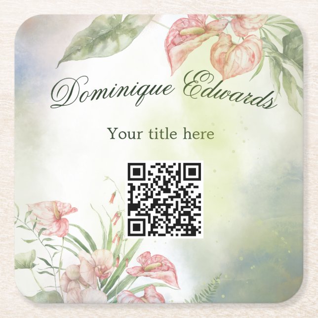 Tropical Botanical Flower QR Code Elegant Stylish Square Paper Coaster (Front)