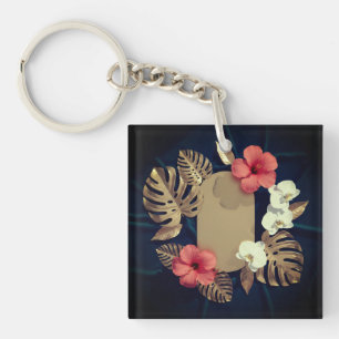 Tropical Botanical Gold Monstera Hibiscus Elegant Key Ring