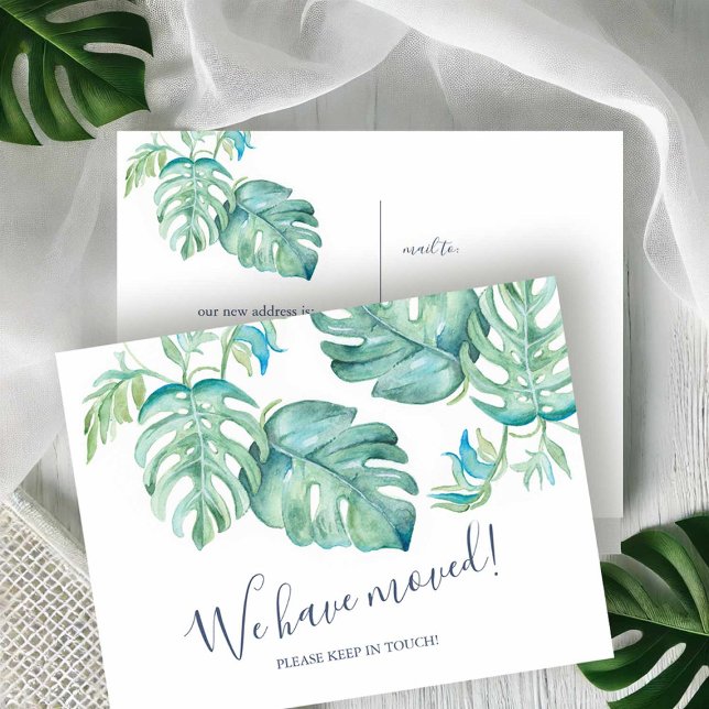 Tropical Botanical Greenery Moving Announcement Postcard (Palm Beach stationery tropical watercolor palm leaf art by Victoria Grigaliunas Do Tell A Belle)