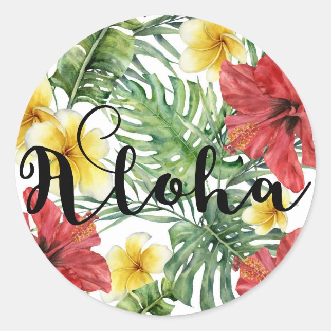 Tropical Botanical Leaves & Flowers Floral Aloha Classic Round Sticker (Front)