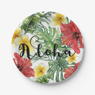 Tropical Botanical Leaves & Flowers Floral Aloha Paper Plate