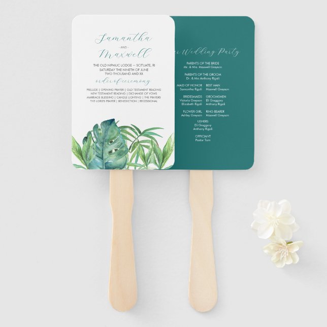 Tropical Botanical Leaves Wedding Program Fan (Front and Back)