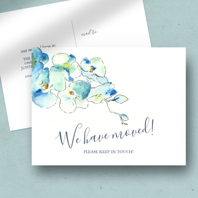 Tropical Botanical Moving Announcement Postcard (change of address postcards blue watercolor orchids art by Victoria Grigaliunas)
