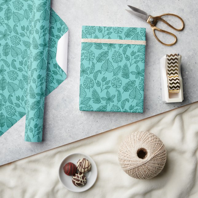 Tropical Botanical Palm Leaves Aqua Wrapping Paper (Crafts)