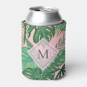 Tropical Botanical Watercolor Pink Art Monogram Can Cooler