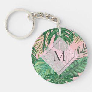 Tropical Botanical Watercolor Pink Art Monogram Key Ring