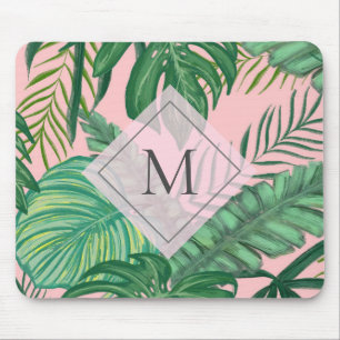Tropical Botanical Watercolor Pink Art Monogram Mouse Pad