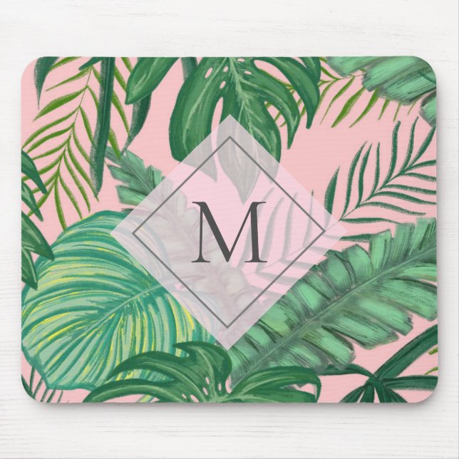 Tropical Botanical Watercolor Pink Art Monogram Mouse Pad (Front)