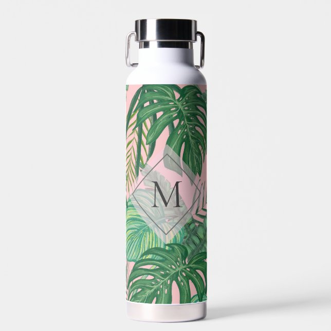 Tropical Botanical Watercolor Pink Art Monogram Water Bottle (Front)