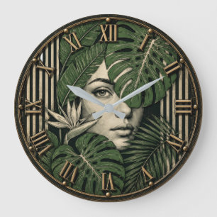 Tropical Botanical Woman Jungle Monstera Leaf Large Clock