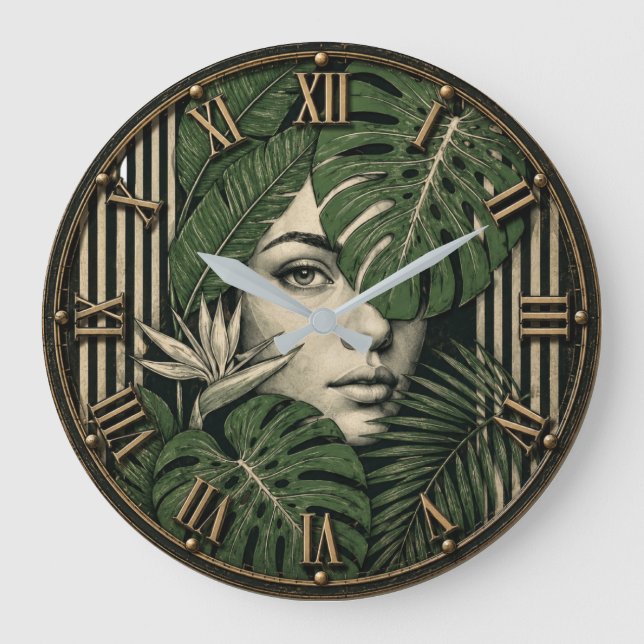 Tropical Botanical Woman Jungle Monstera Leaf  Large Clock (Front)