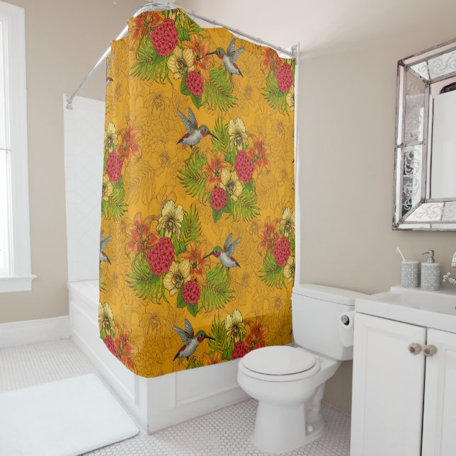 Tropical bouquet and hummingbirds 2 shower curtain (In Situ)