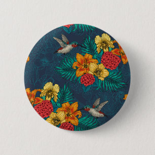 Tropical bouquet and hummingbirds 6 cm round badge
