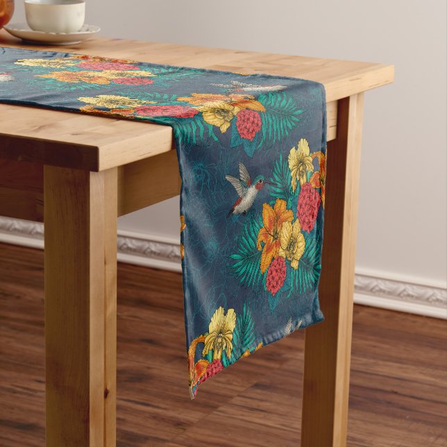 Tropical bouquet and hummingbirds short table runner (In Situ)