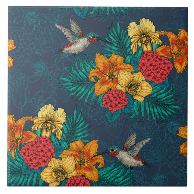 Tropical bouquet and hummingbirds tile (Front)