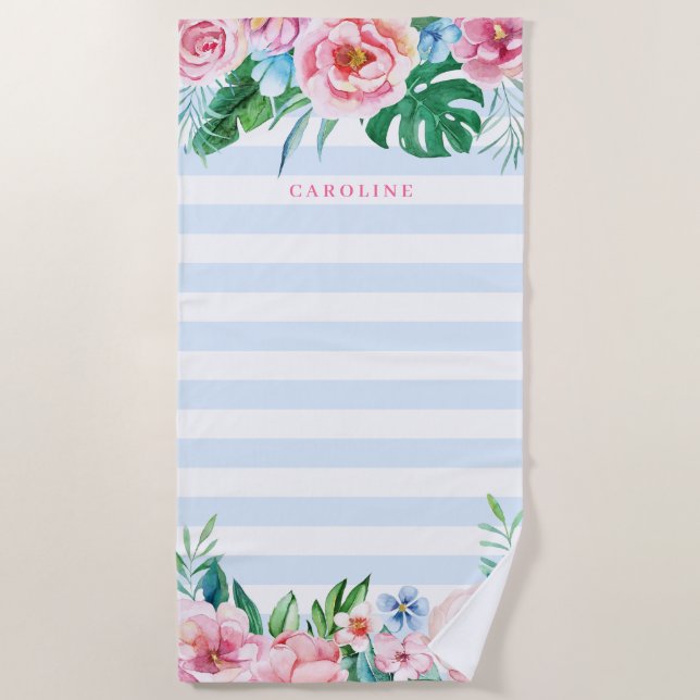 Tropical Bouquet Floral Blue Stripes Watercolor Beach Towel (Front)