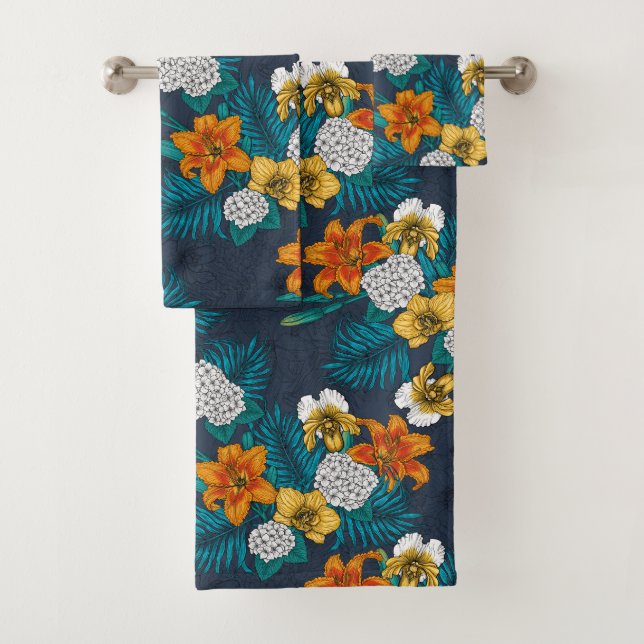 Tropical bouquet on blue bath towel set (Insitu)