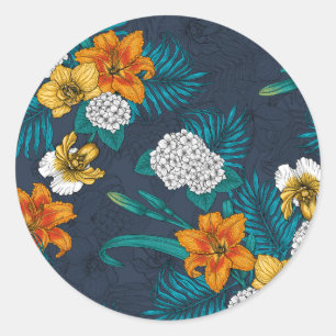 Tropical bouquet on blue classic round sticker