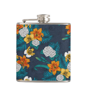 Tropical bouquet on blue hip flask