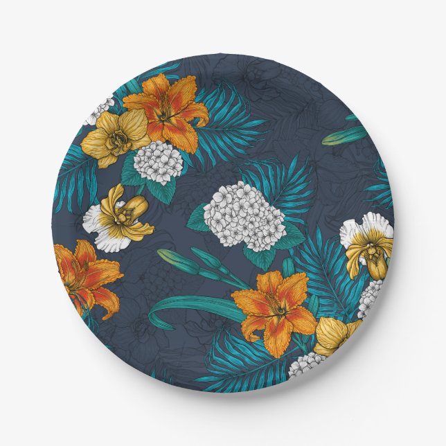 Tropical bouquet on blue paper plate (Front)
