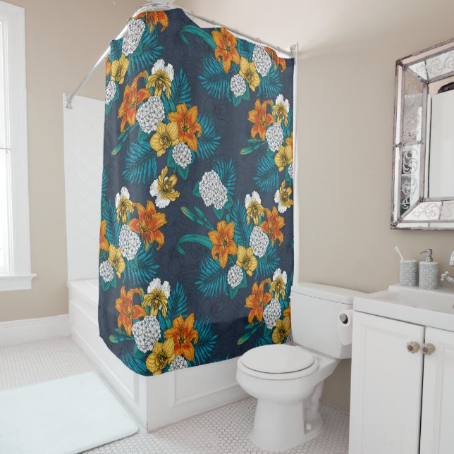 Tropical bouquet on blue shower curtain (In Situ)