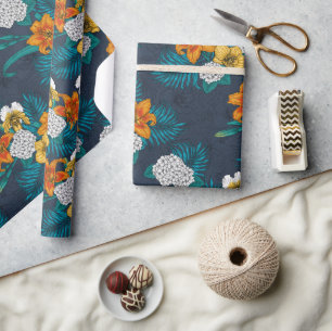 Tropical bouquet on blue wrapping paper