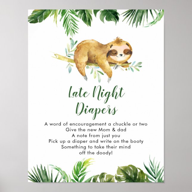 Tropical Boy Sloth Baby Shower Late Night Diaper Poster (Front)